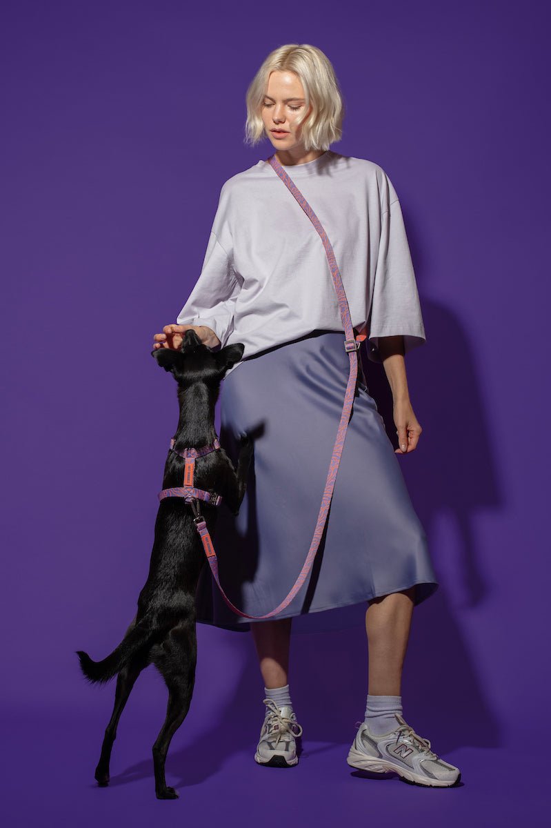 Hot Doggies Hands Free Dog Leash in Lily Coral – adjustable and eco-friendly, styled with fashion model feeding black dog on vibrant purple background.