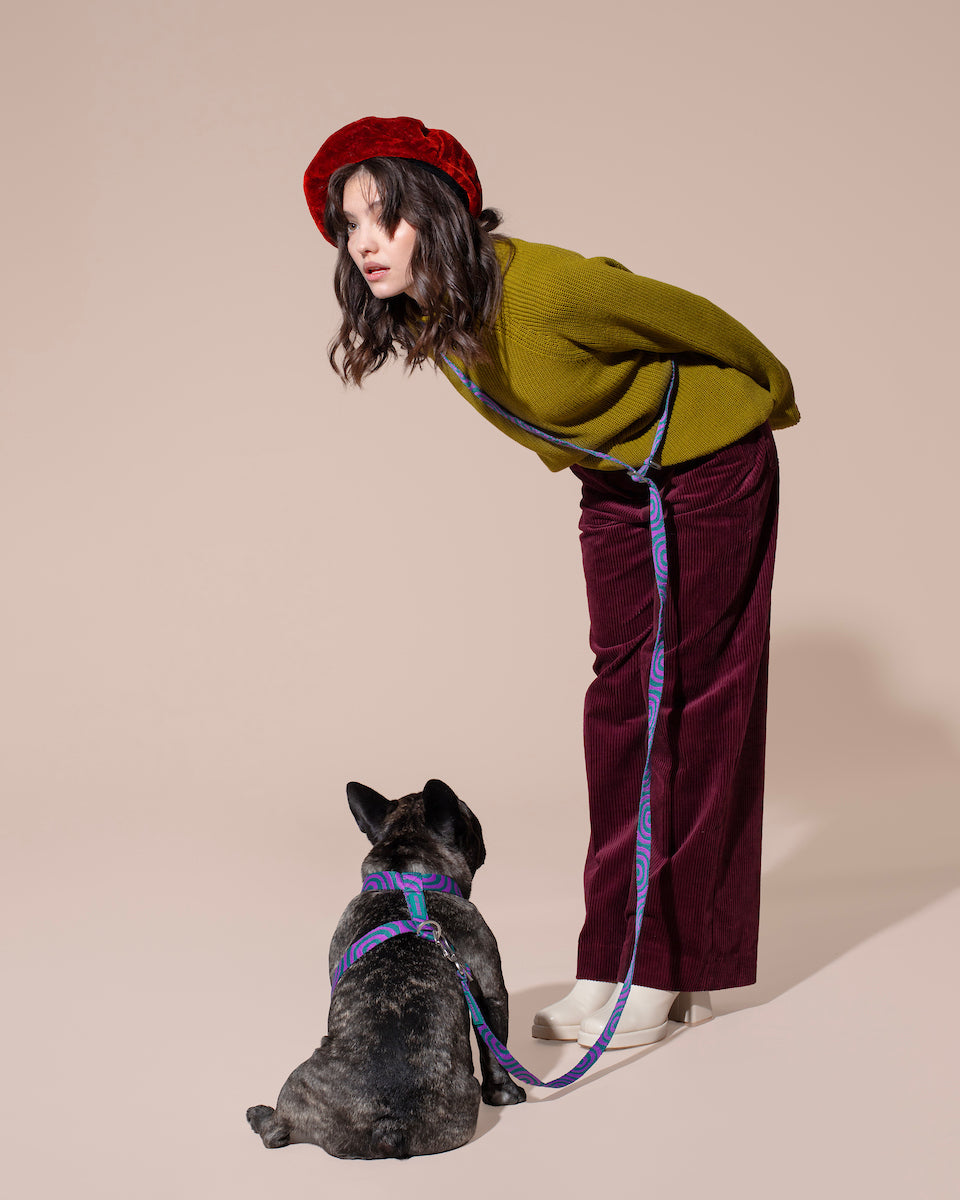 Woman in green sweater and red beret with a dog on a LOLA GROOVE HANDS-FREE LEASH against a beige background.