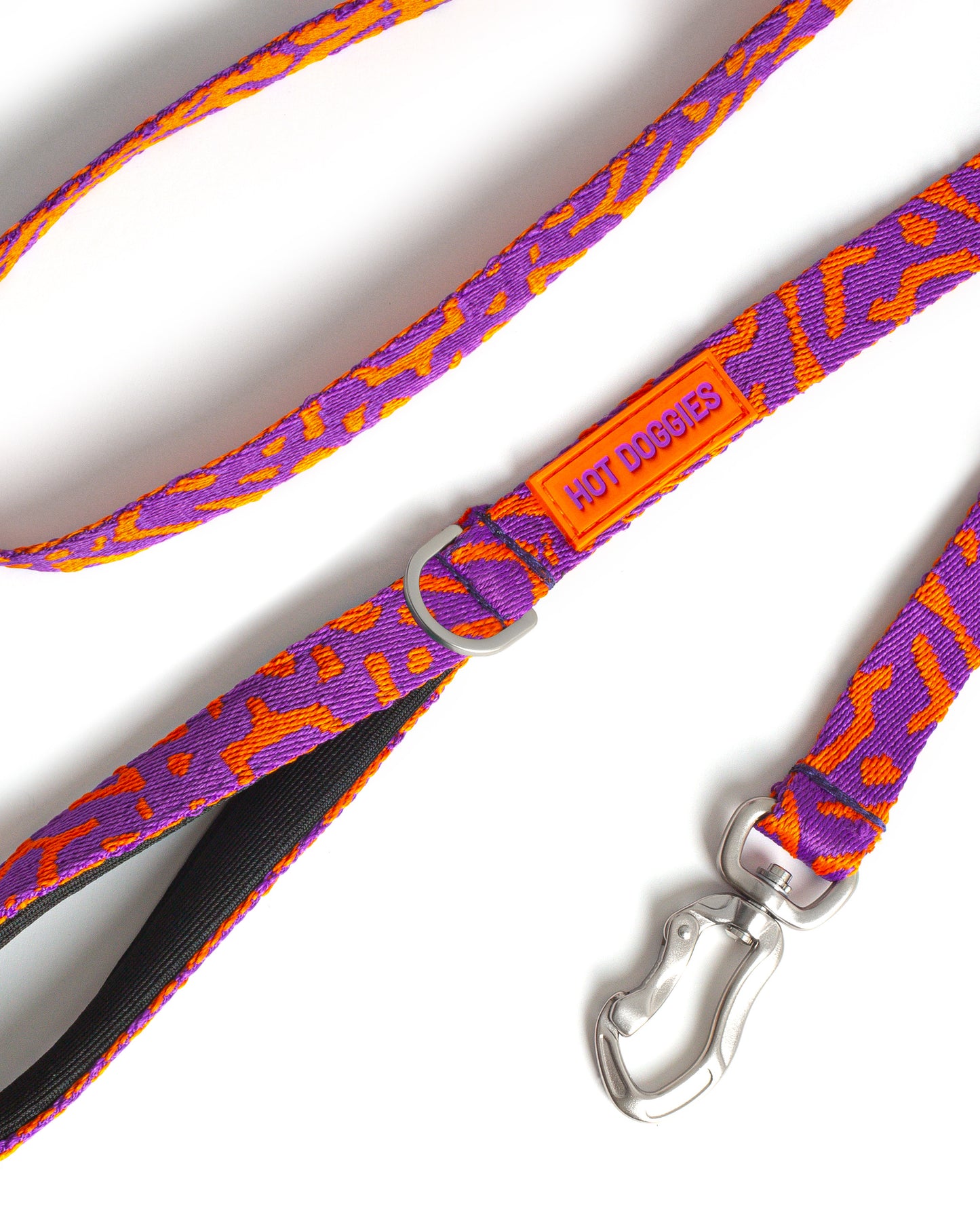 Close-up of metal hardware on Hot Doggies classic leash - purple-orange leash with durable metal clasp - high-quality pet leash