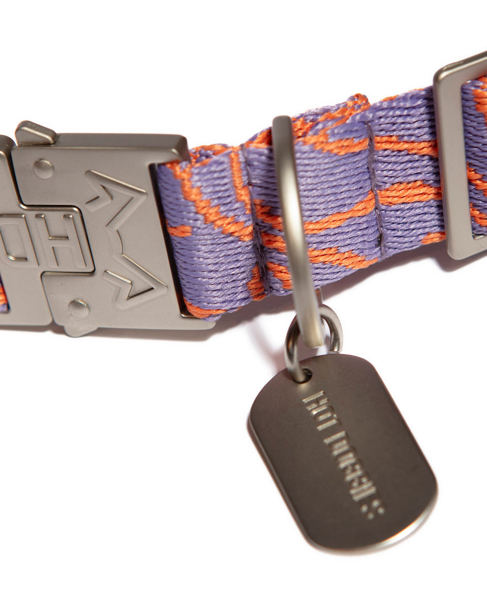 Detailed view of metal hardware (name tag) on Lily and Coral recycled high quality polyester collar, combining strength, durability, and design