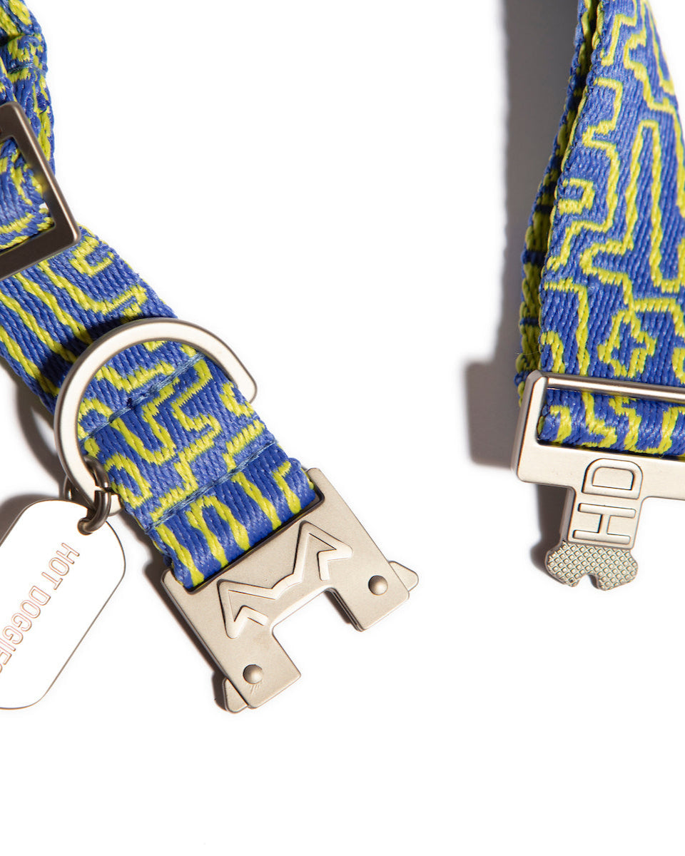 Close-up of the collar's durable high quality metal hardware, showcasing its sleek and sturdy design.