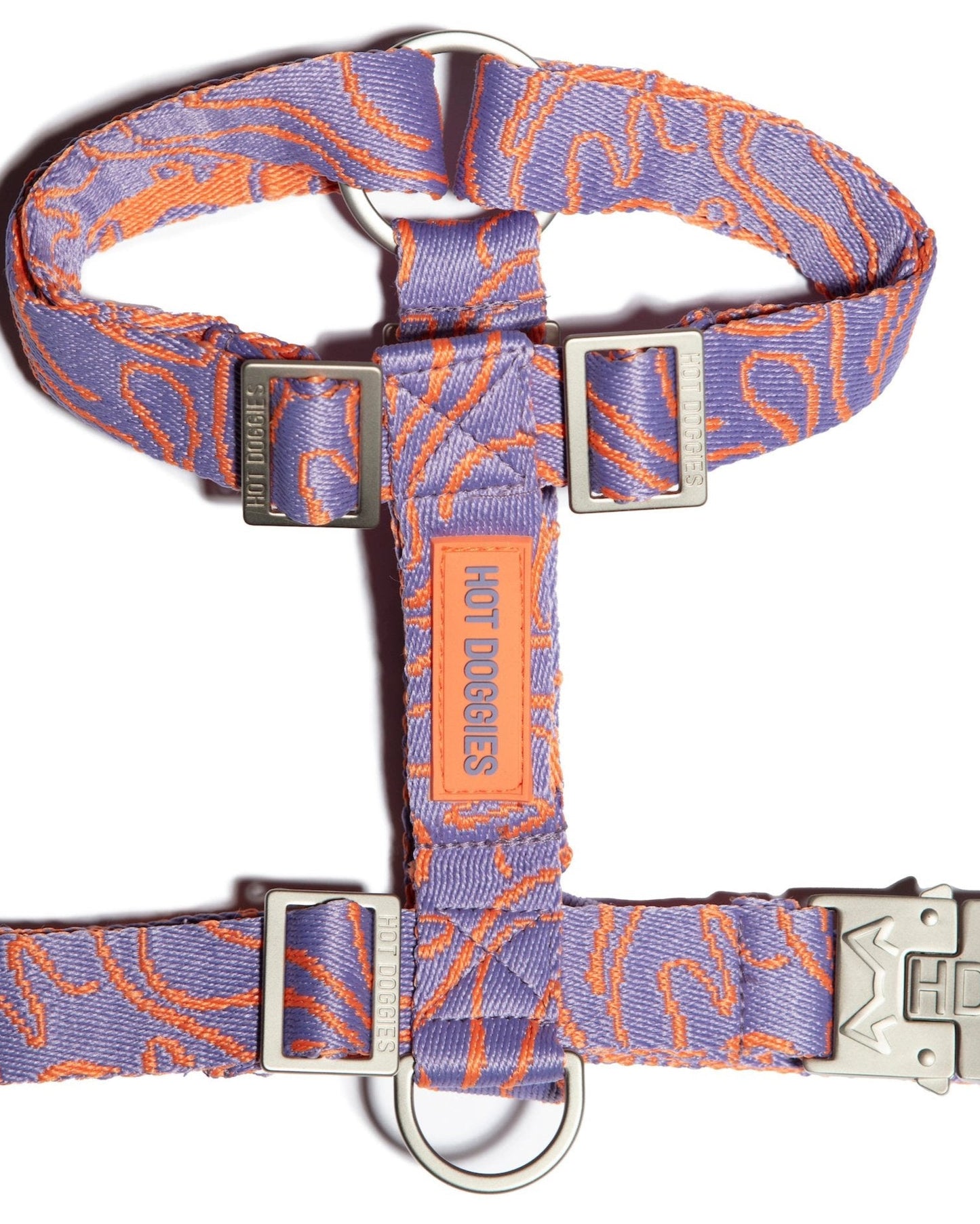Flat-lay of the Lily Coral Doodle Pattern Harness, showcasing its playful doodle pattern and eco-friendly construction.