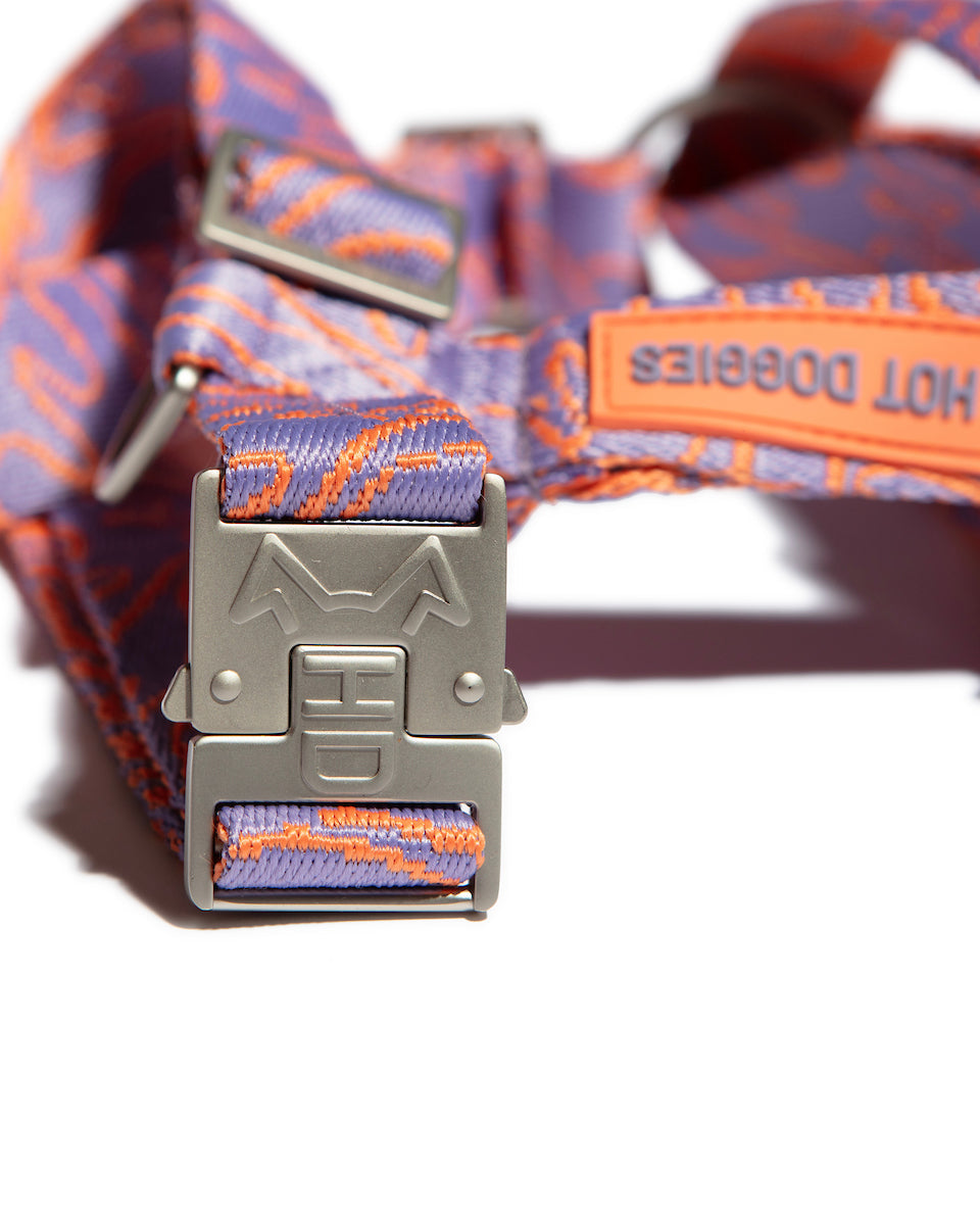 Flat-lay of the Lily Coral Doodle Pattern Harness, showcasing high quality metal hardware.