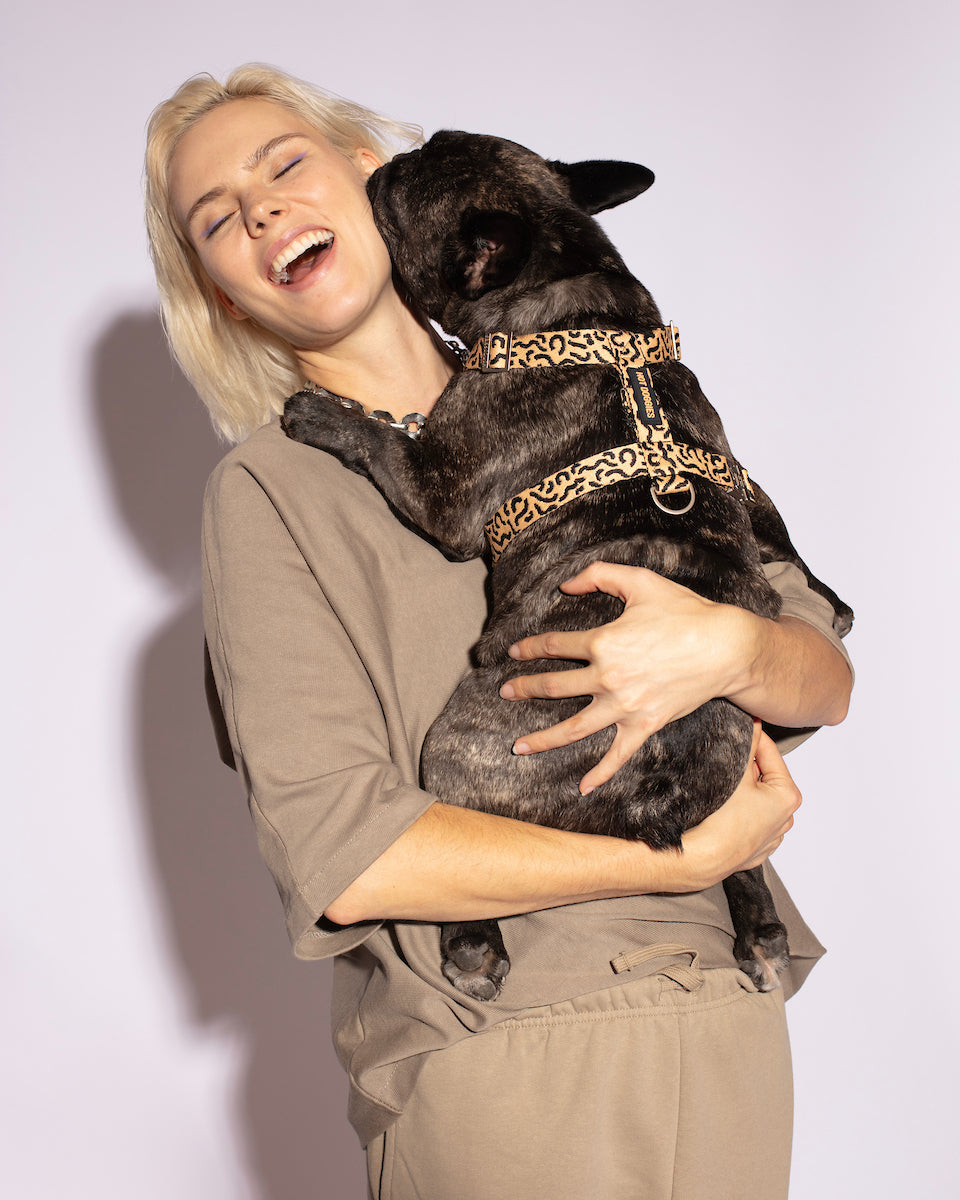 A lady with blonde hair, wearing a neutral-toned t-shirt and pants, is happily embracing a brindle French Bulldog. The dog is wearing a stylish Hot Doggies Harness Coco Noir with a black C-shape pattern on a beige background.