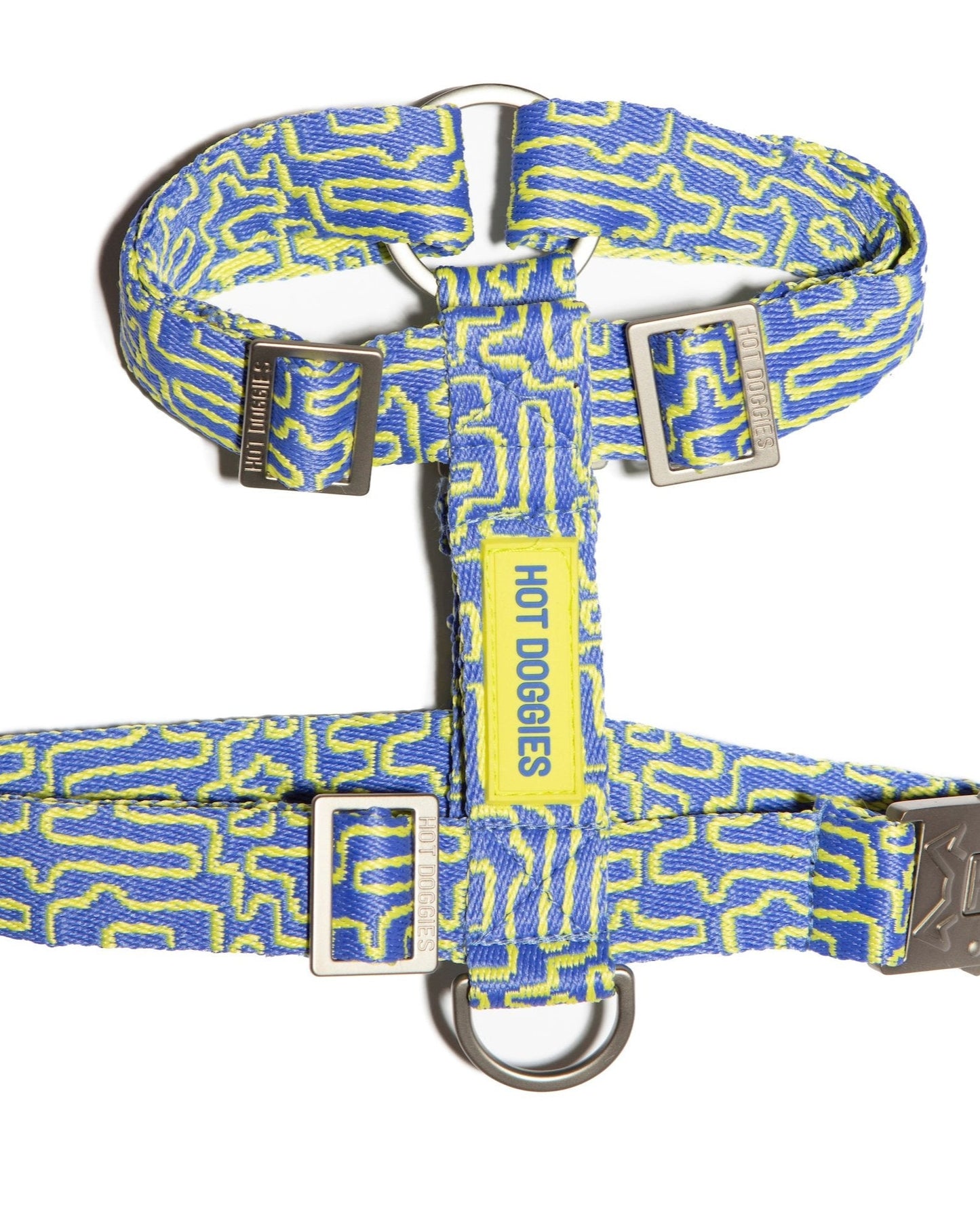 Flat-lay of the Hot Doggies bobby blue Harness in blue and lime, showing off the sleek design and modern pattern.