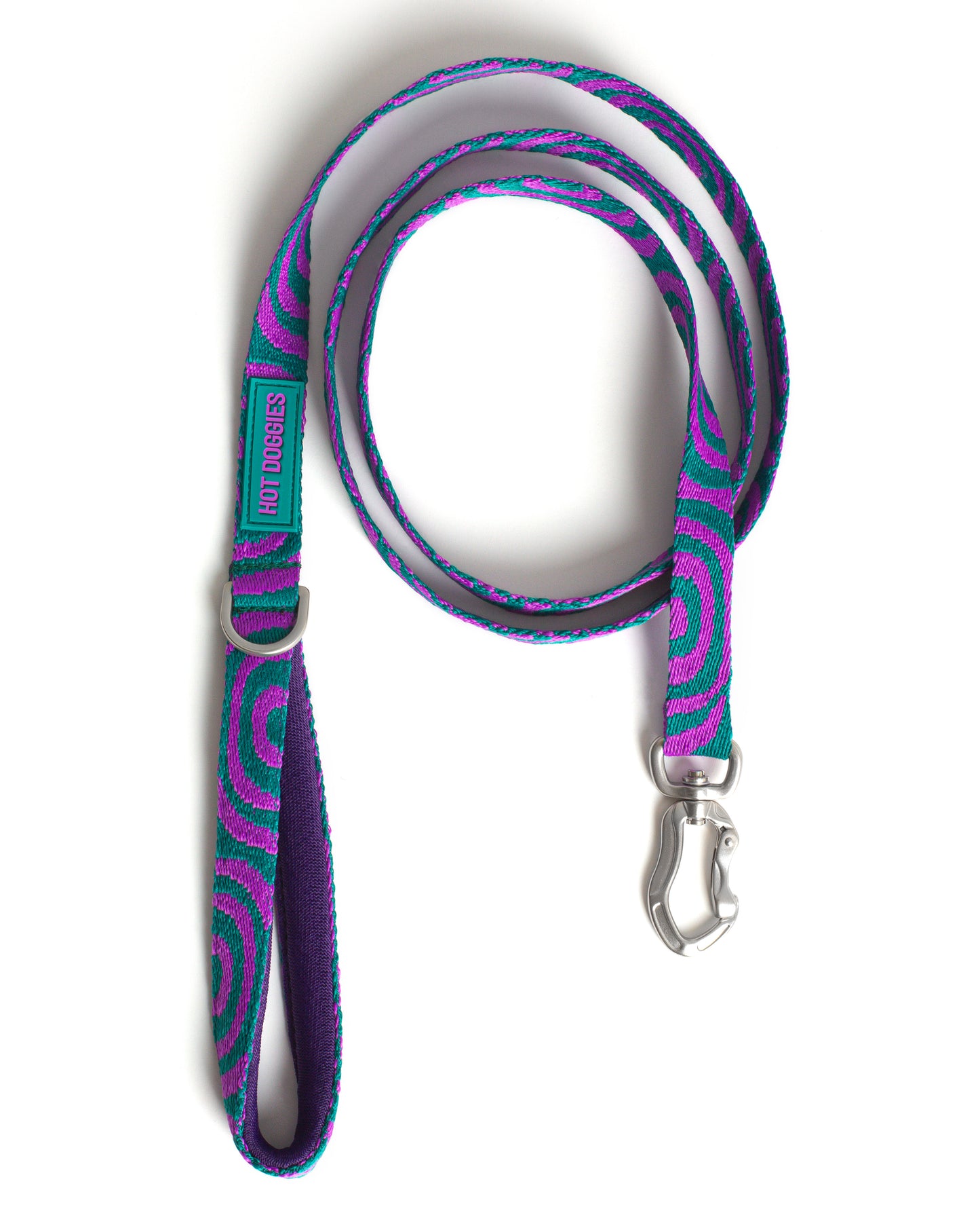 Dog leash with purple and teal pattern on a white background.