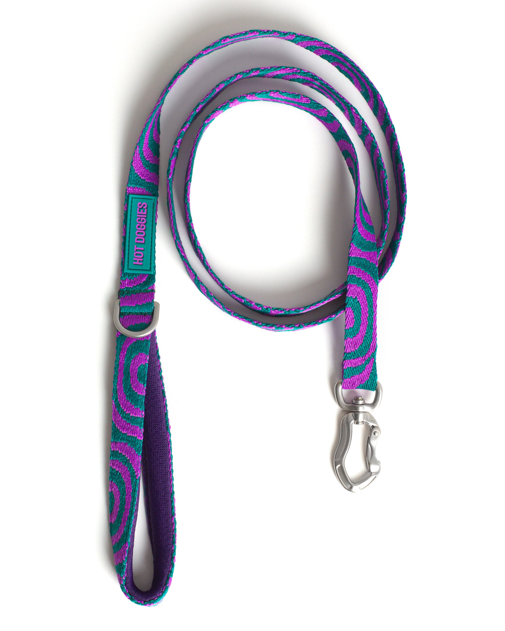 Dog leash with purple and teal pattern on a white background.