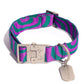 Dog collar with purple and green pattern on a white background.