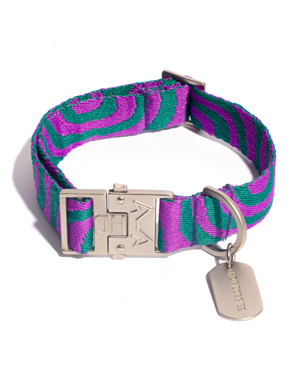 Dog collar with purple and green pattern on a white background.