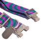 Green and purple striped belt with silver buckles and hardware on a white background.