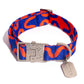 Dog collar with blue and red pattern on a white background