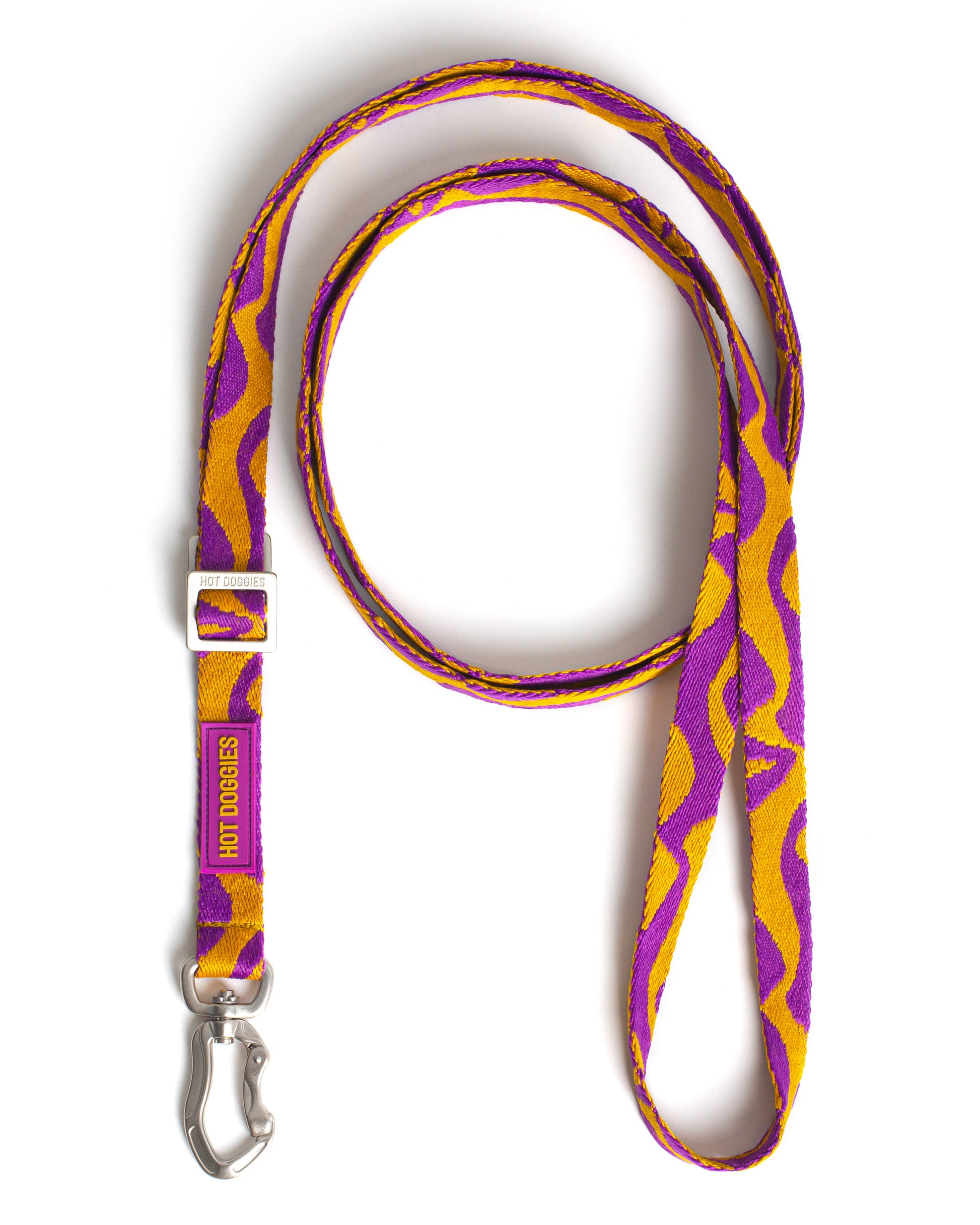 Purple and yellow striped dog leash with a clip on a white background.