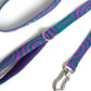 Dog LOLA GROOVE HANDS-FREE LEASH with purple and green pattern on a white background.