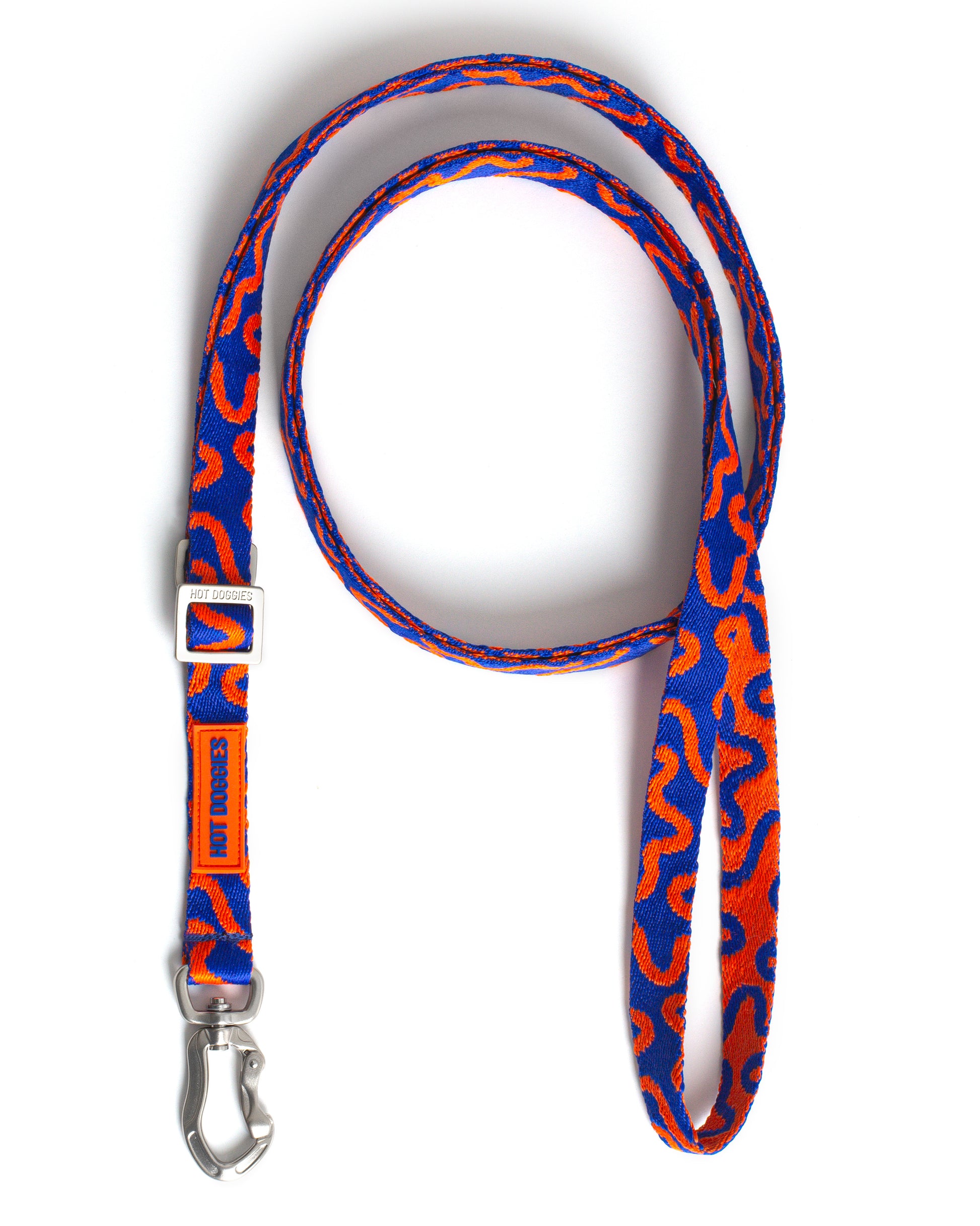 Blue and orange patterned dog HANDS-FREE LEASH ROCKY ELECTRIC with a metal clip on a white background