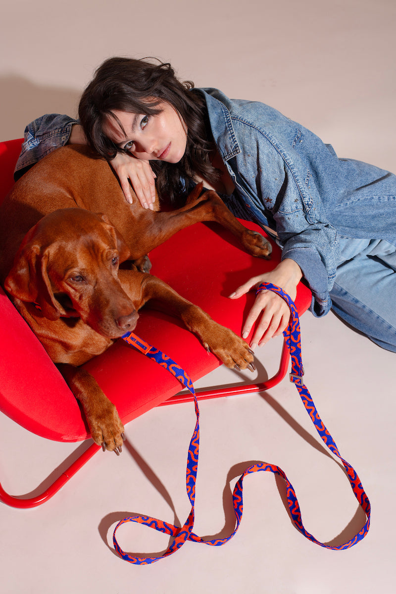Woman lying on a red chair with a brown dog.