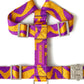 Purple and yellow striped dog harness with metal buckles on a white background
