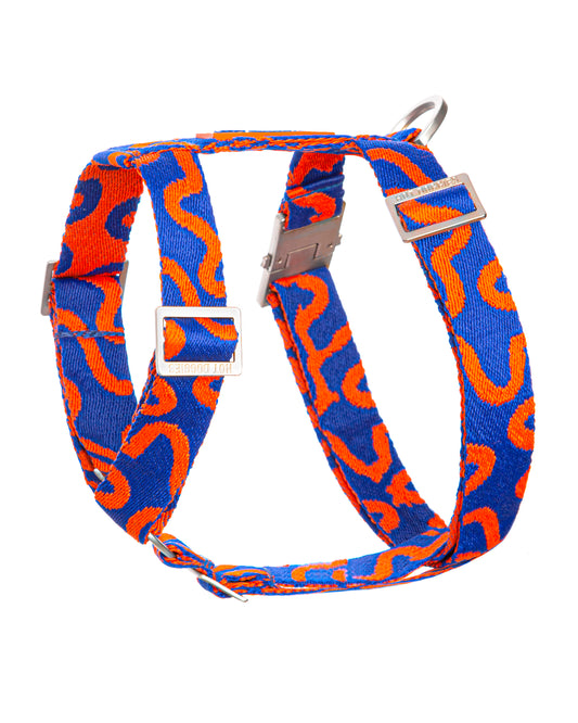 Dog collar with blue and orange pattern on a white background