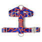 Blue and orange dog harness with metal buckles on a white background