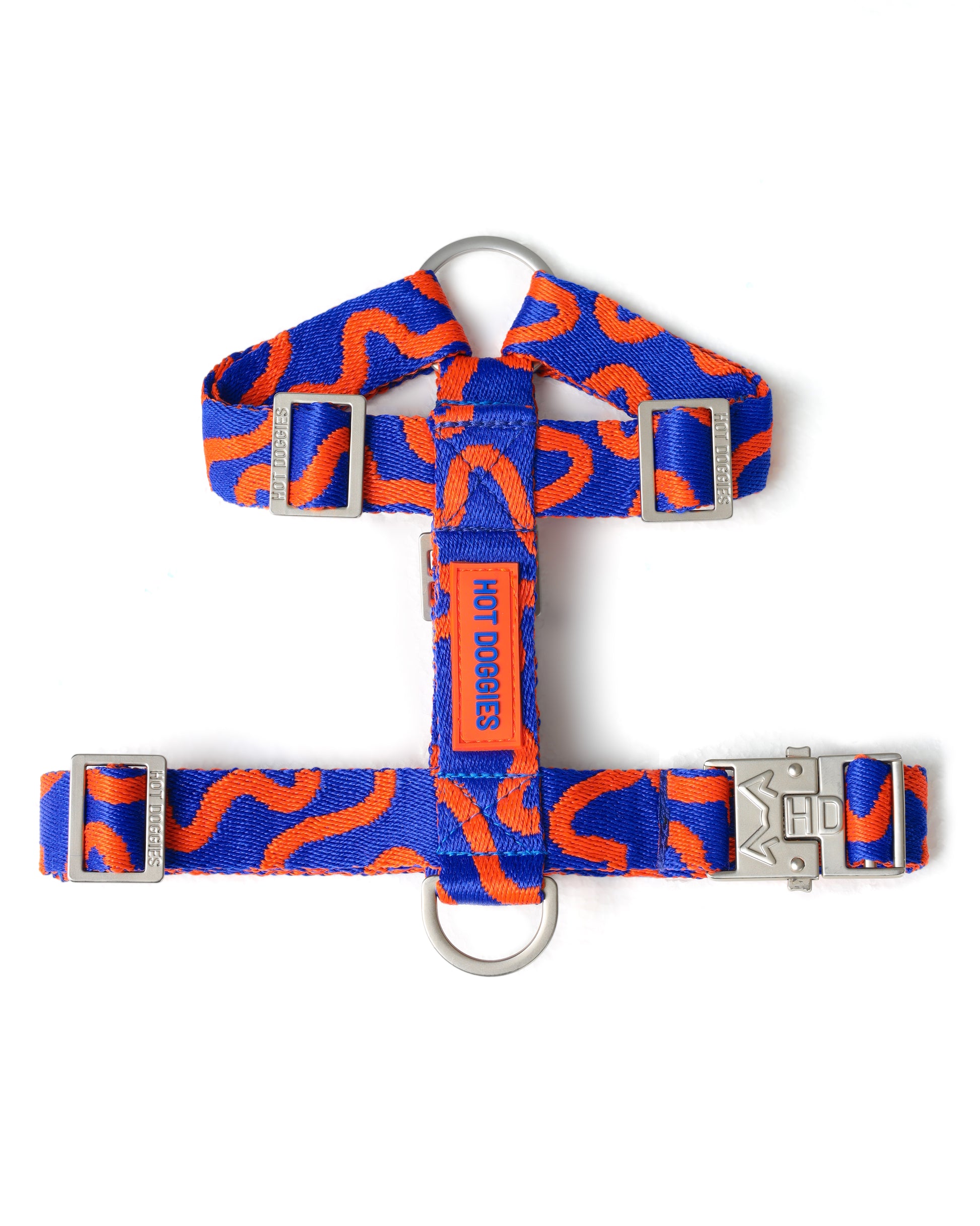 Blue and orange dog harness with metal buckles on a white background