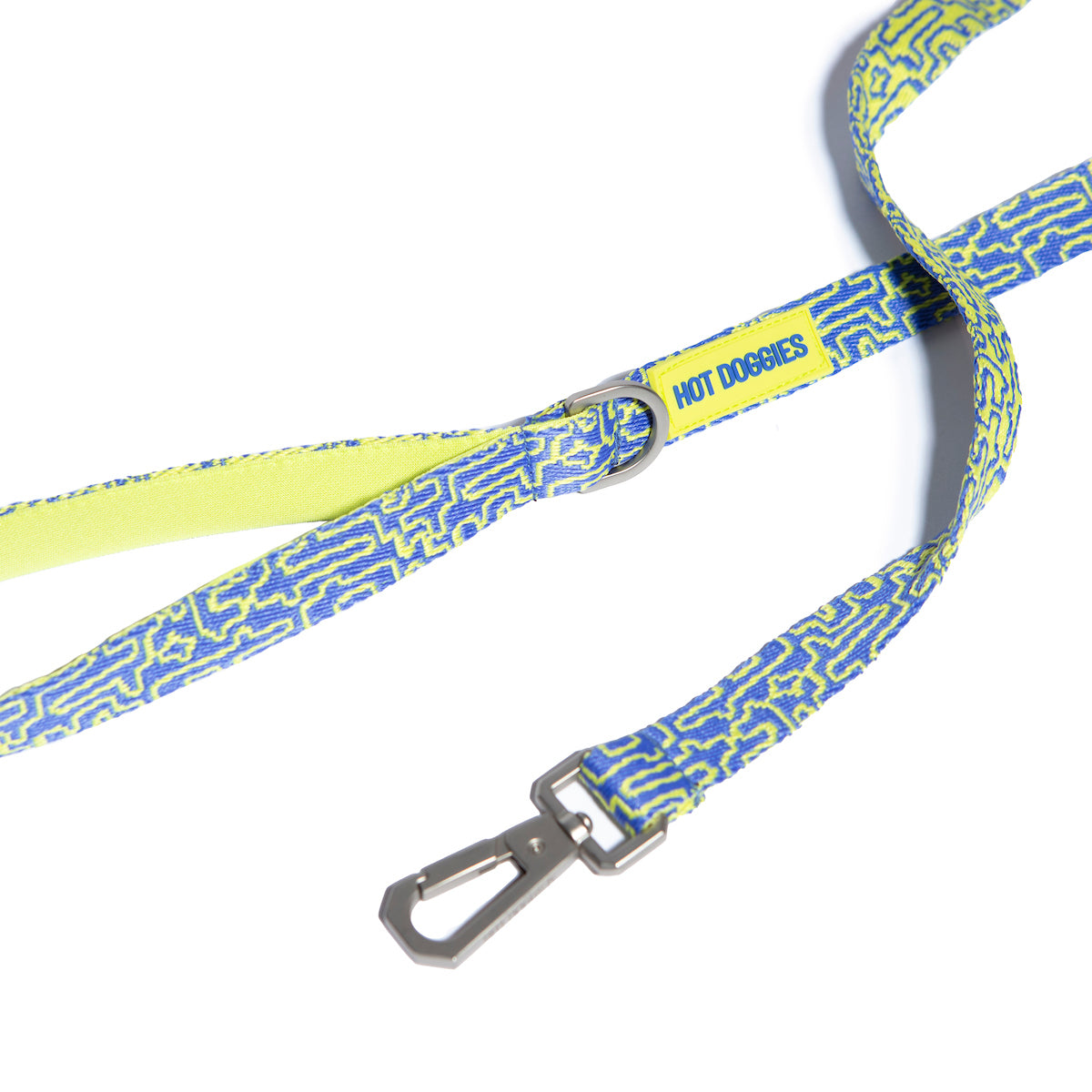 Close-up of metal hardware on Hot Doggies classic leash - blue-lime geometric pattern - durable metal clasp - high-quality dog leash