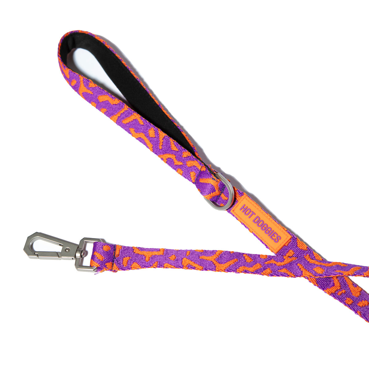 Close-up of metal hardware on Hot Doggies classic leash - purple-orange leash with durable metal clasp - high-quality pet leash