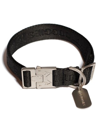 Hot Doggies Black Logo dog collar in all-black jacquard design with polished zinc alloy buckle and eco-friendly recycled polyester.