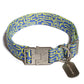 Hot Doggies Bobby Blue dog collar with vibrant blue and lime green pattern, zinc alloy buckle, and sustainable recycled jacquard polyester.