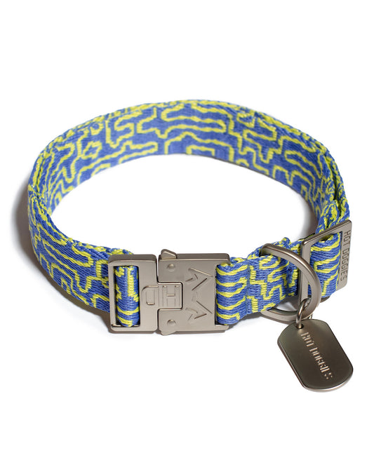Hot Doggies Bobby Blue dog collar with vibrant blue and lime green pattern, zinc alloy buckle, and sustainable recycled jacquard polyester.