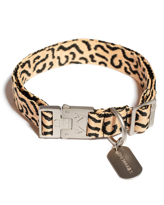 Hot Doggies Coco Noir dog collar in beige and black with secure zinc alloy buckle and eco-friendly recycled jacquard polyester.