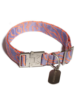 Hot Doggies Lily Coral dog collar in coral and lilac tones with zinc alloy buckle and sustainable recycled jacquard polyester.