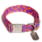 Hot Doggies Poppy Sunrise dog collar in purple and orange with durable zinc alloy buckle and sustainable recycled polyester.