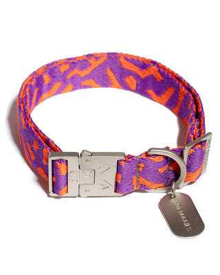 Hot Doggies Poppy Sunrise dog collar in purple and orange with durable zinc alloy buckle and sustainable recycled polyester.