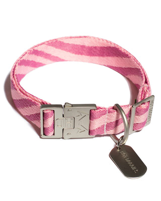 Hot Doggies Roxy Pink dog collar with zinc alloy buckle and eco-friendly recycled jacquard polyester.