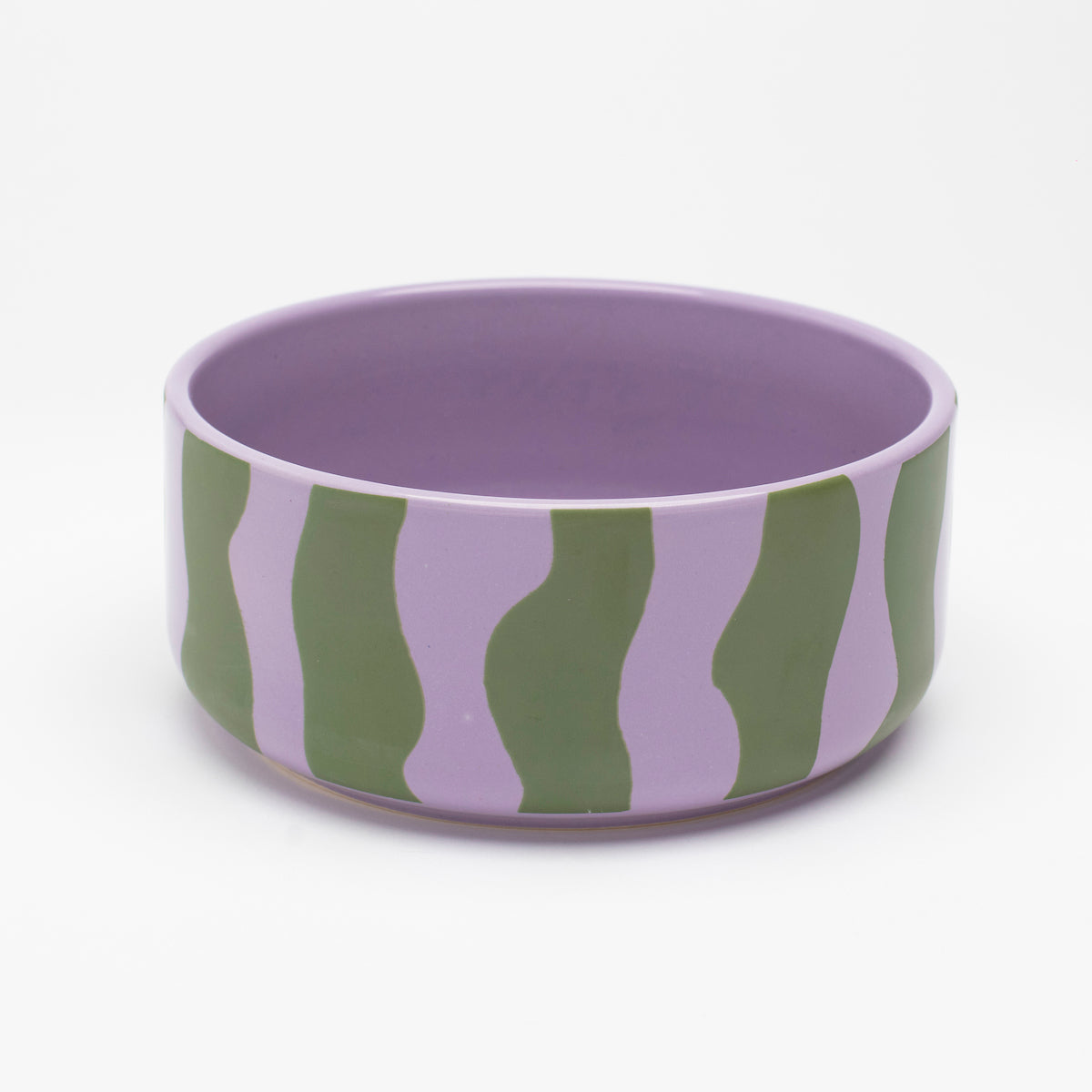 Hot Doggies Groove Stripes Ceramic Bowl - green and purple wobbly stripe design - durable, dishwasher-safe, perfect for small and medium dogs