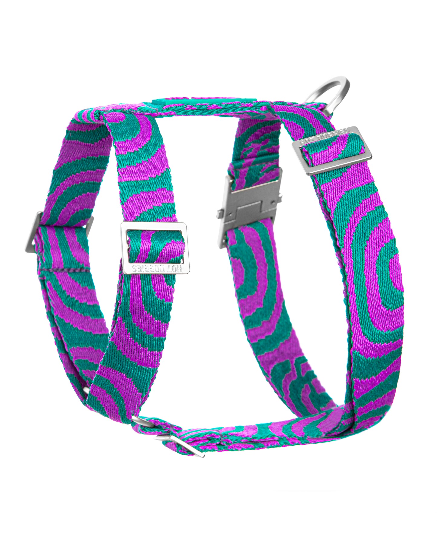Dog harness with purple and green wavy pattern on a white background,Lola Groove 3D dog harness – colorful and comfortable harness by Hot Doggies designed for everyday walks.