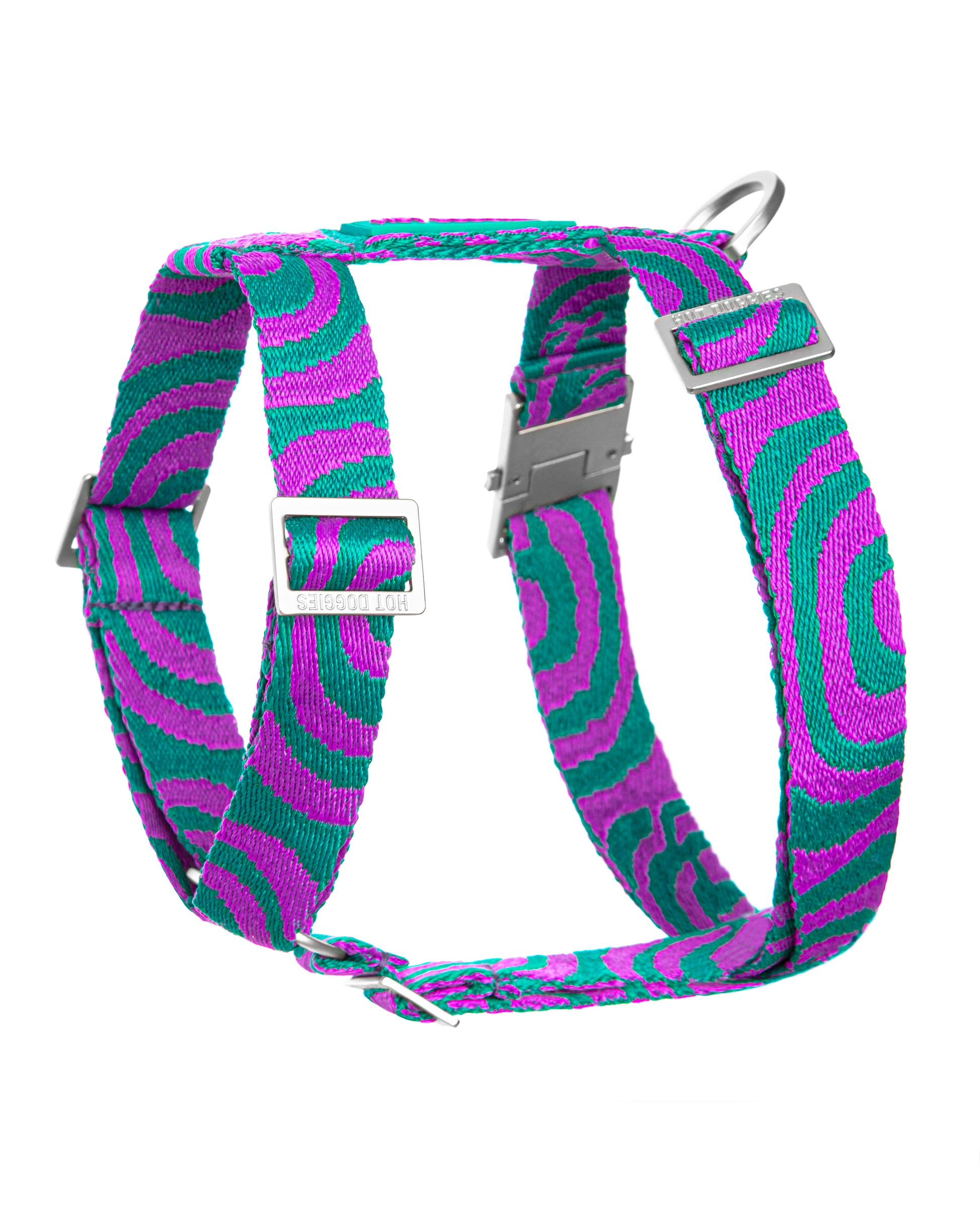 Dog harness with purple and green wavy pattern on a white background,Lola Groove 3D dog harness – colorful and comfortable harness by Hot Doggies designed for everyday walks.