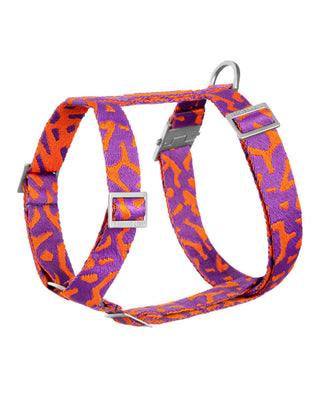 Dog harness with purple and orange pattern on a white background.