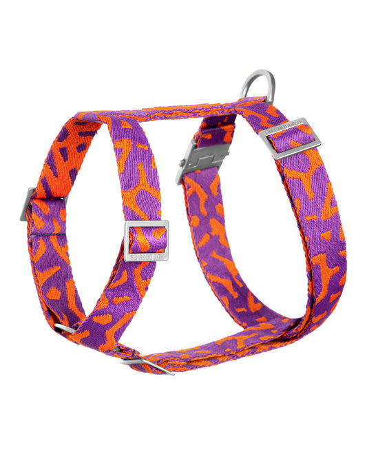 Dog harness with purple and orange pattern on a white background.