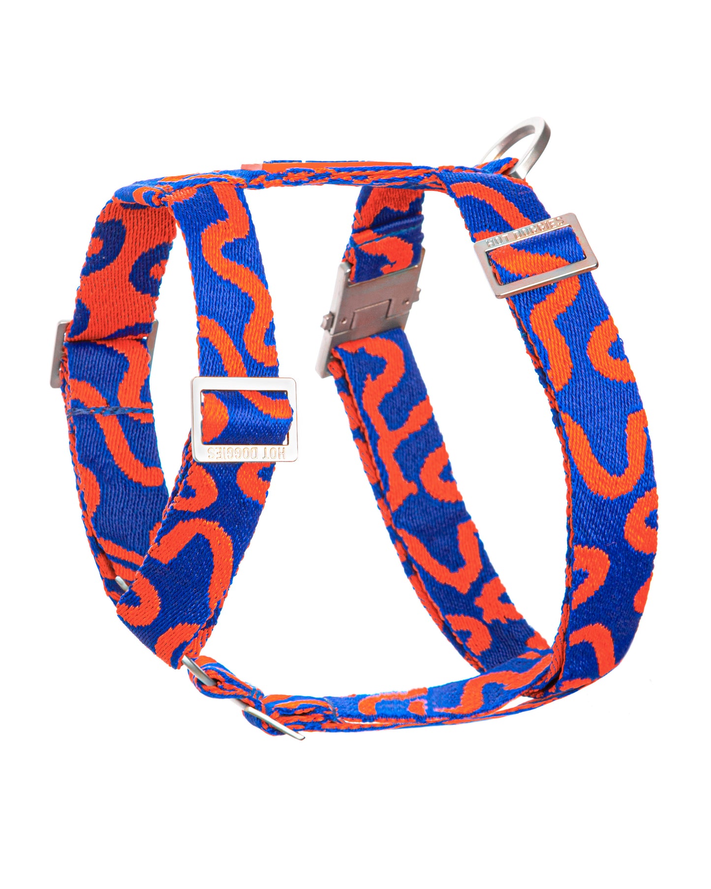 Dog harness with blue and orange pattern on a white background