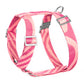 Pink and red striped dog harness on a white background.