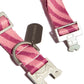 Detailed view of metal hardware on Hot Doggies pink wave patterned recycled polyester collar, combining strength and style.