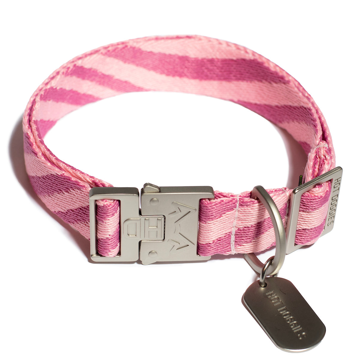 Hot Doggies woven collar with pink wave pattern, made from recycled polyester, eco-friendly and stylish for pets.