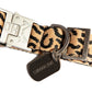 Detailed view of metal hardware on woven-collar-beige-black-c-shape-pattern-recycled-polyester, emphasizing its sleek and sturdy design.
