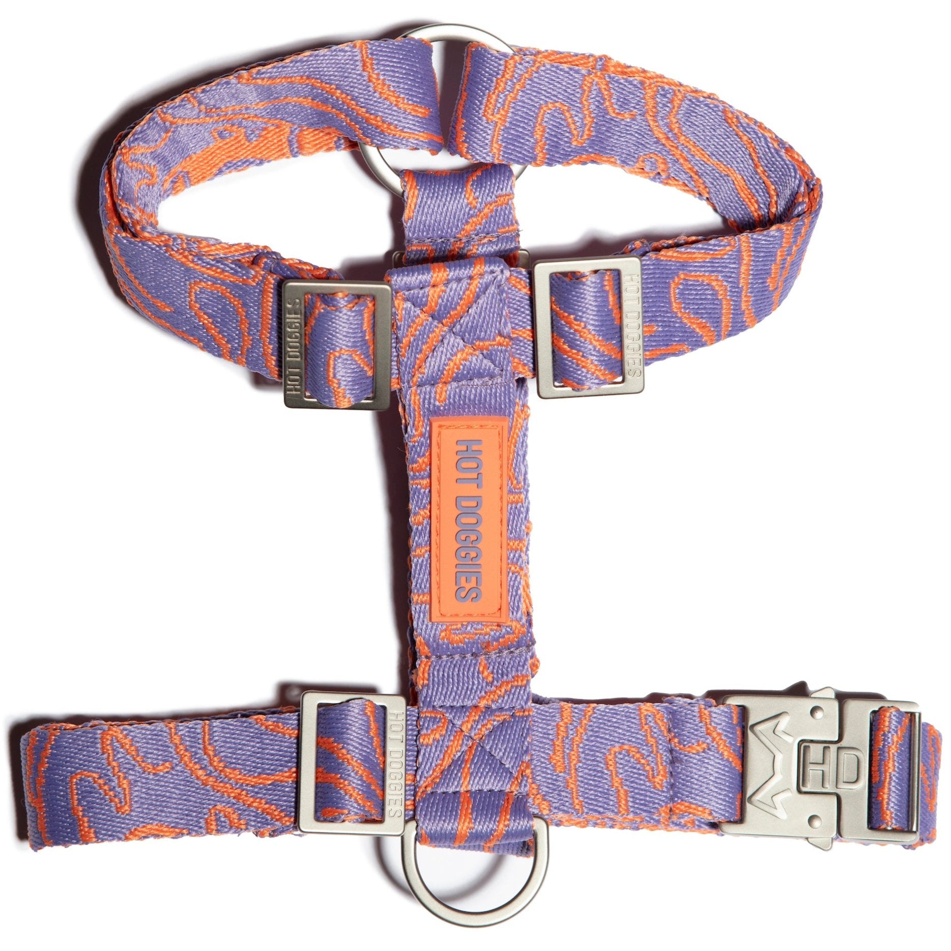 Flat-lay of the Lily Coral Doodle Pattern Harness, showcasing its playful doodle pattern and eco-friendly construction.