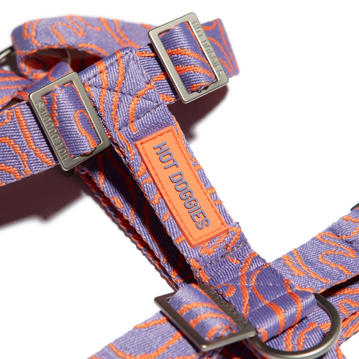 side of the Lily Coral Doodle Pattern Harness, showcasing its playful doodle pattern and eco-friendly construction.