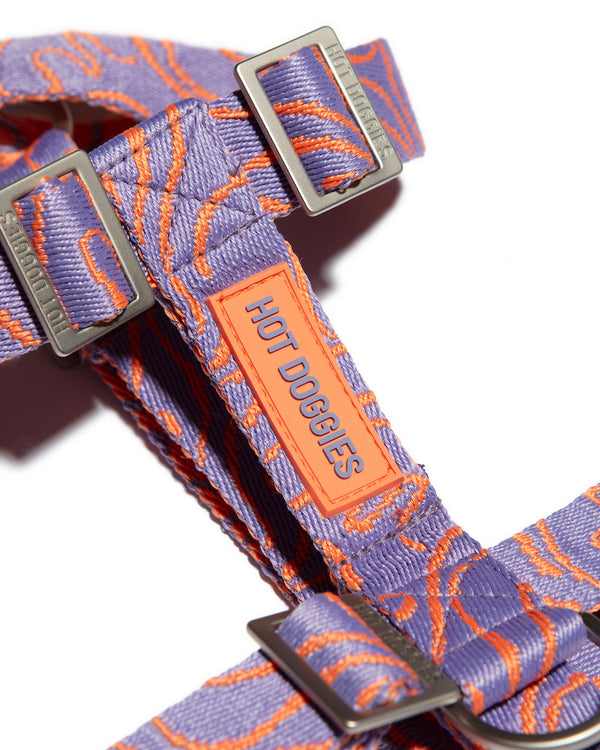 side of the Lily Coral Doodle Pattern Harness, showcasing its playful doodle pattern and eco-friendly construction.