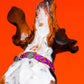 Dog wearing the Poopy Sunrise Collar, featuring a bold purple and orange design that makes a statement.
