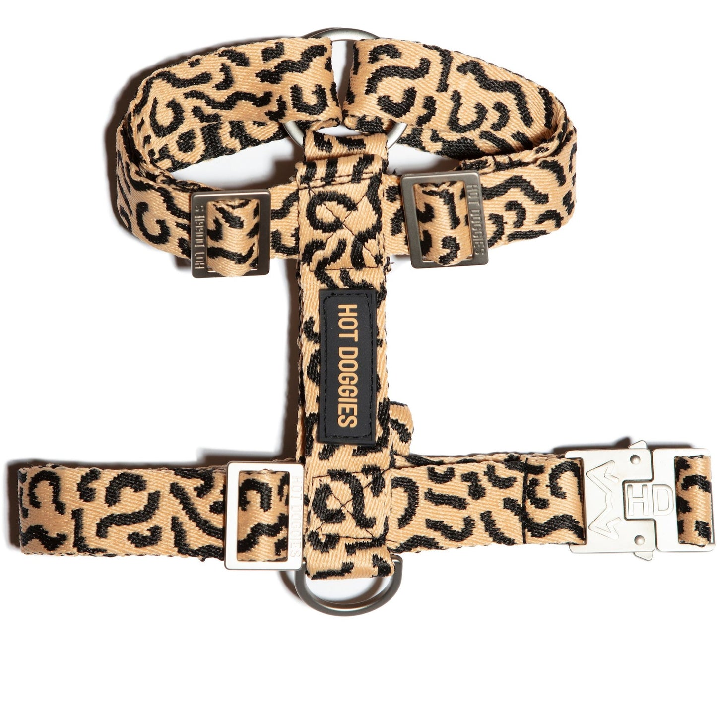 Flat-lay of the Hot Doggies Coco Noir Harness with bold beige and black pattern showcasing its premium design.