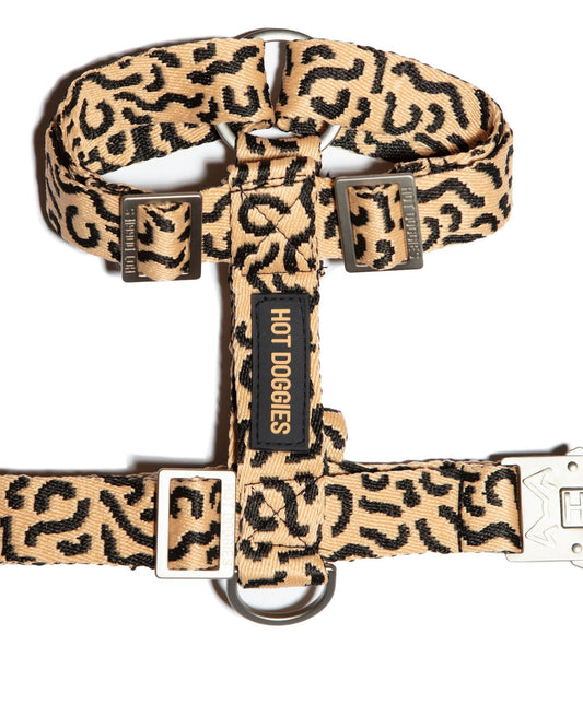 Flat-lay of the Hot Doggies Coco Noir Harness with bold beige and black pattern showcasing its premium design.