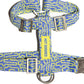 Flat-lay of the Hot Doggies bobby blue Harness in blue and lime, showing off the sleek design and modern pattern.